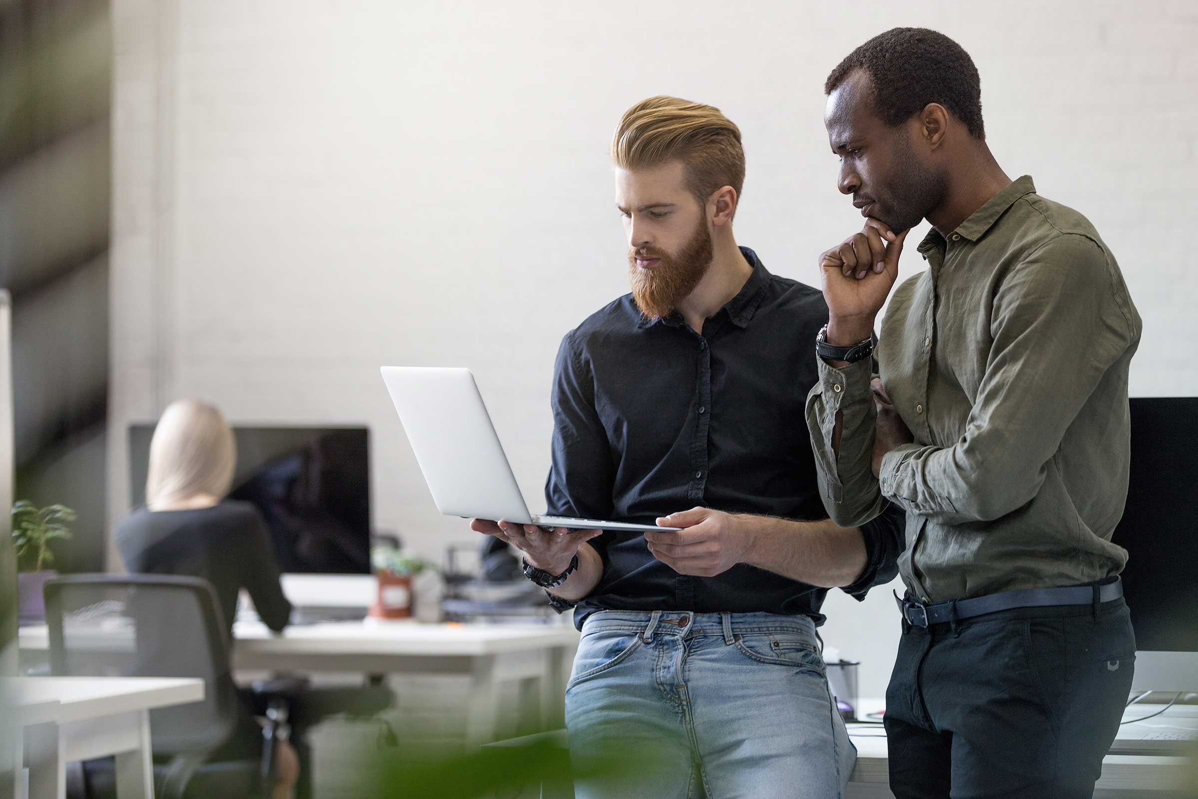 Two Worried Young Business Men Looking at Laptop